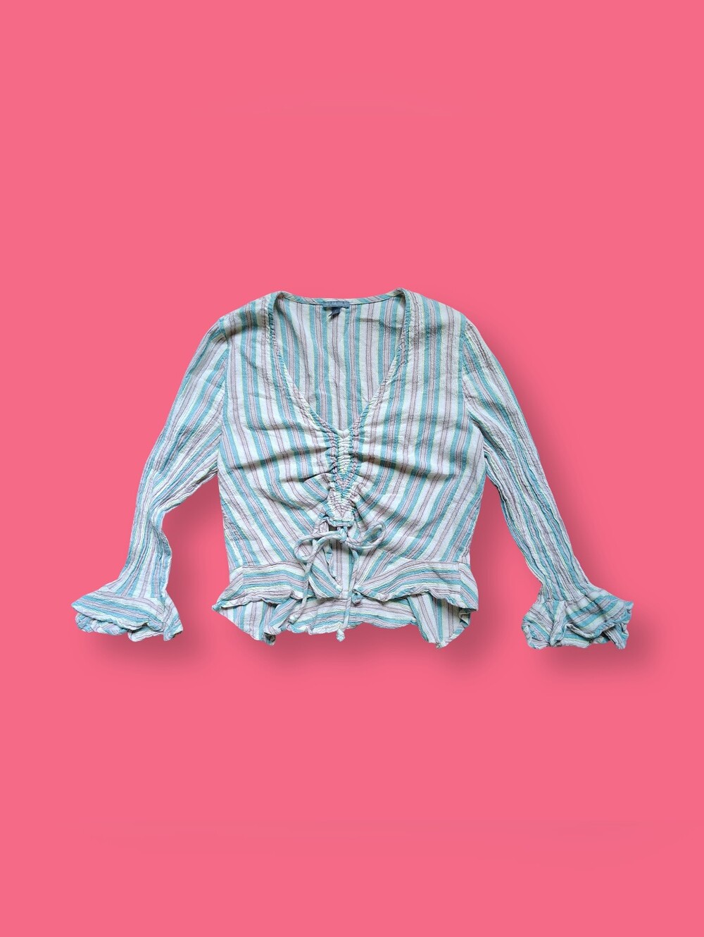Y2k Vintage Pastel Striped Top 3/4 Sleeve Charlotte Russe Medium Ruched Ruffle